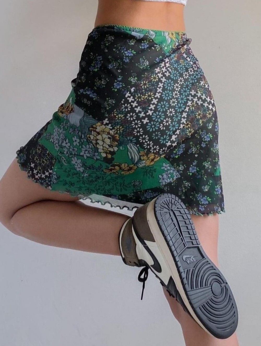 NWT Urban Outfitters Green Floral Patchwork Mesh Mini Skirt S